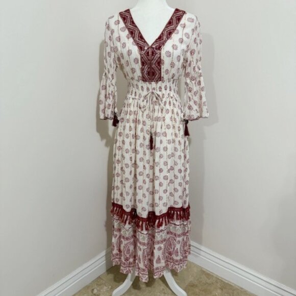 Me 2 Magic Anthropologie Red White Boho Maxi Dress Metallic Stripes Size M - Picture 1 of 7